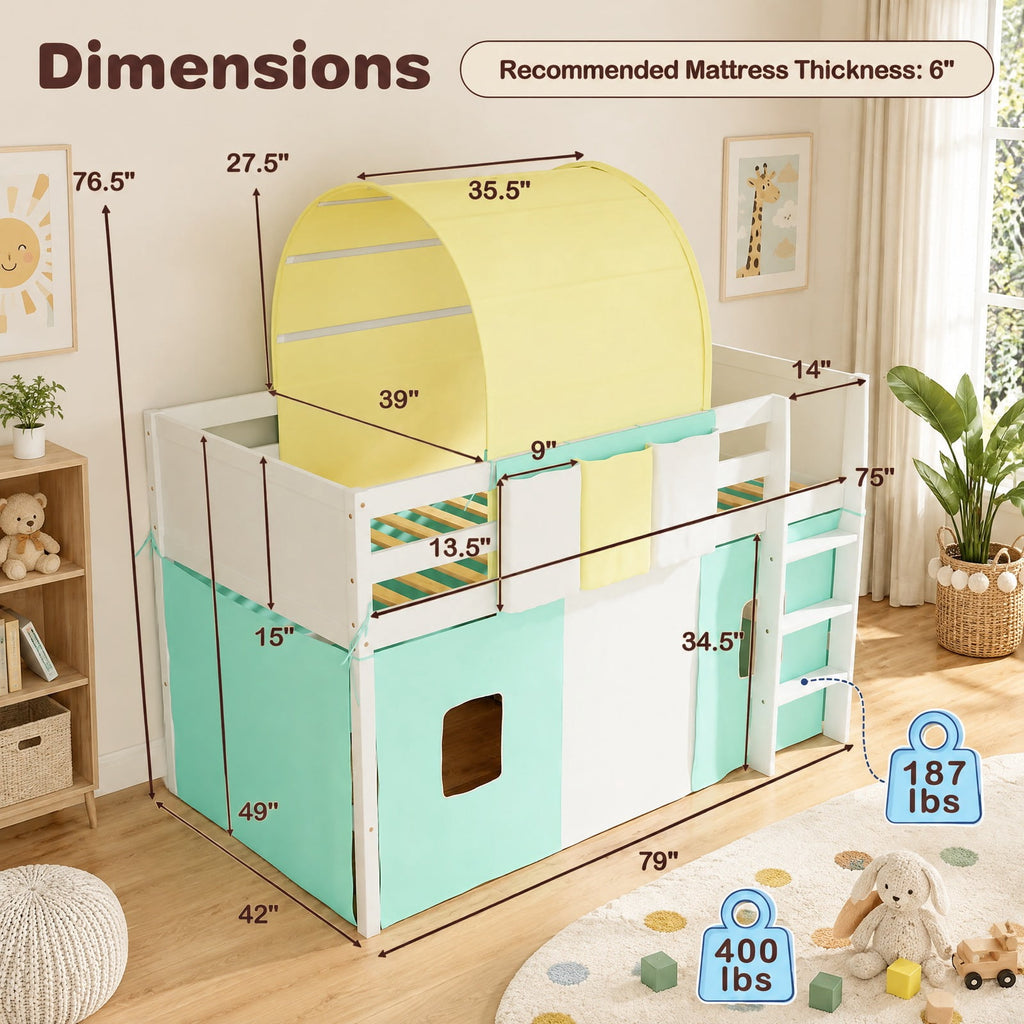 Airfind Twin Size Loft Bed Playhouse Bed Frame with Tower Tent and 3 Storage Pockets, of Bed 400 lbsMax Capacity
