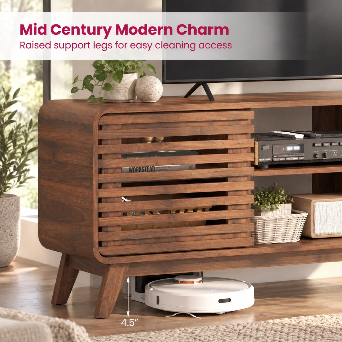 Airfind Mid Century Modern Entertainment Center with Grille-style Sliding Doors for Living Room, 100 lbs Capacity, MDF Engineered Wood Frame, Walnut