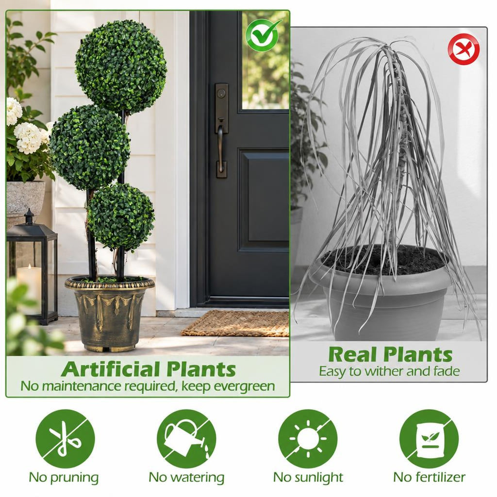 Airfind 35 Inches Artificial Boxwood Topiary Tree Triple Ball Shrubs, PE Metal Solid Wood Cement PP Tree Height 29 Inch /35 Inch Pot Frame