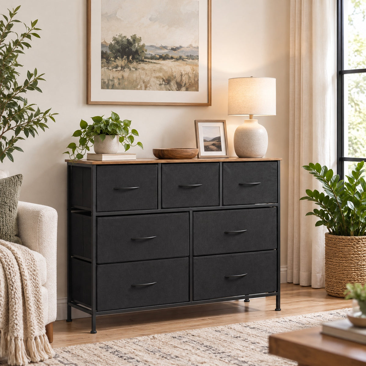 Airfind 7-Drawer Wide Dresser with 2-Sized Folding Fabric Drawers for Bedroom, 155 lbs Capacity, Engineered Wood Frame, 39.5in x 12in x 31in Footprint