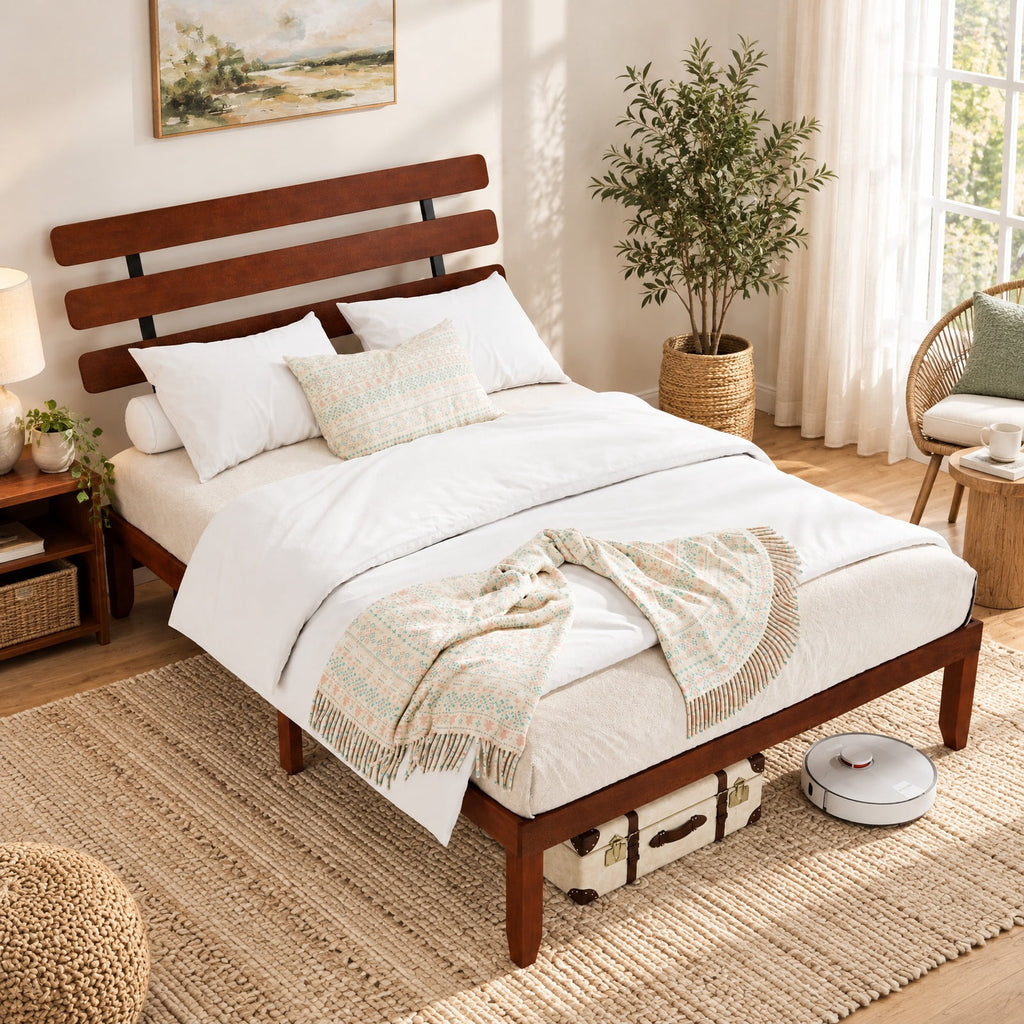 Airfind Queen Size Bed Frame 15.5 Inch Solid Wood Platform Bed with Retro Headboard, 550 lbs Capacity, Plywood Rubber Wood Metal Frame, Wood