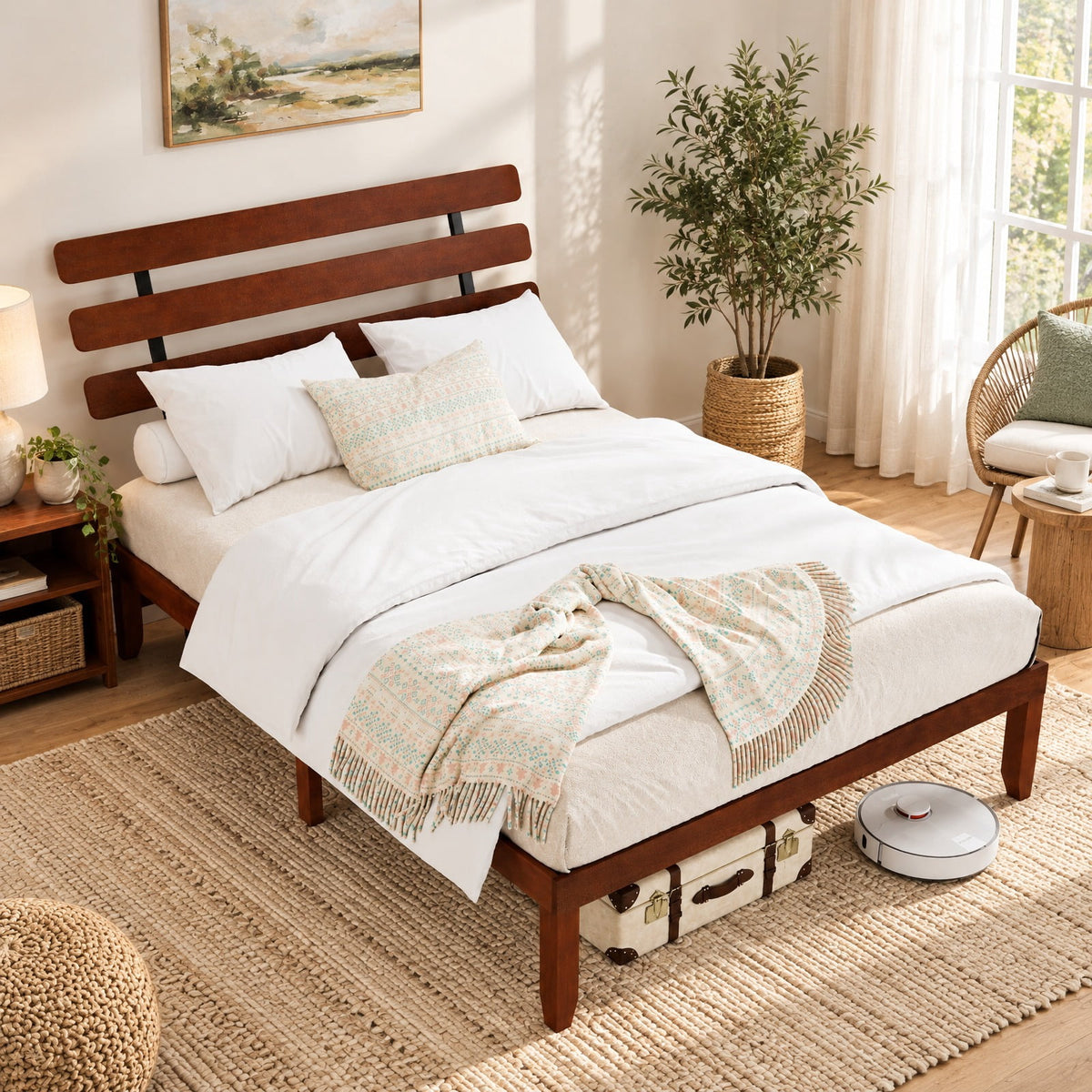 Airfind Queen Size Bed Frame 15.5 Inch Solid Wood Platform Bed with Retro Headboard, 550 lbs Capacity, Plywood Rubber Wood Metal Frame, Wood