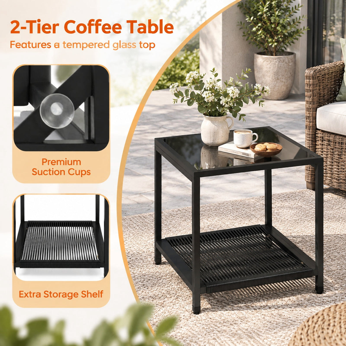 Airfind 3 Piece Outdoor PE Rattan Rocking Bistro Set with 2-Tier Coffee Table, Chair 400 lbs Capacity, 34.5 × 24.5 × 30.5 Footprint, White