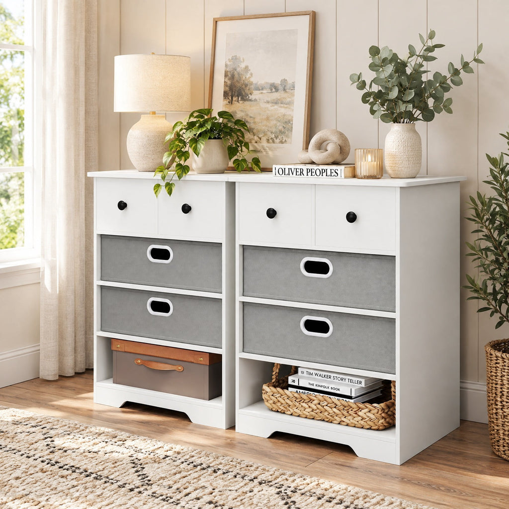 Airfind 4-Drawer Dresser Modern Chest Storage Organizer with Open Shelves, 100 lbs Capacity, Engineered Wood MDF Fabric Frame, White