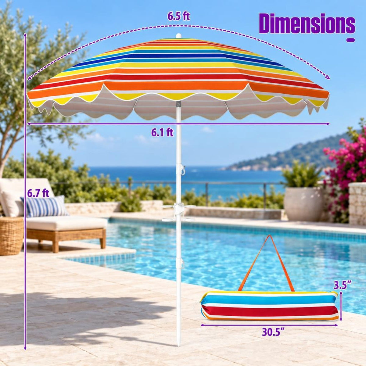 Airfind 6.5 FT Beach Umbrella UPF 50+ with Sand Anchor for Garden Pool, Polyester Fabric Metal Aluminum Alloy PP Frame, Blue Stripe