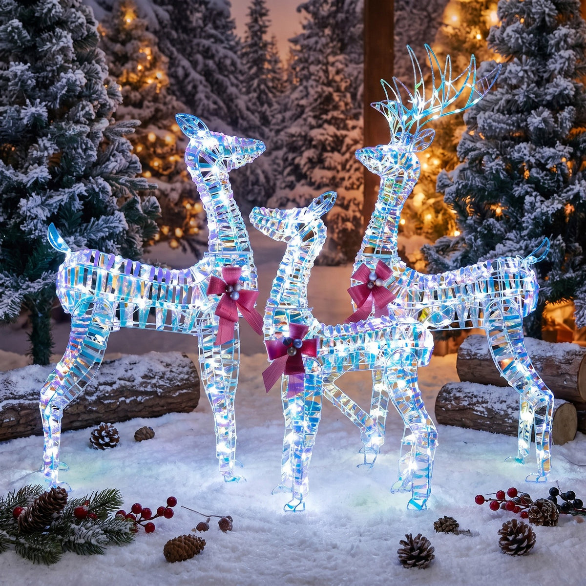 Airfind Christmas Reindeer Family Set of 3 Featuring 230 Cold White LED Lights, Metal Frames and Ground Stakes for Lawn and Garden, White