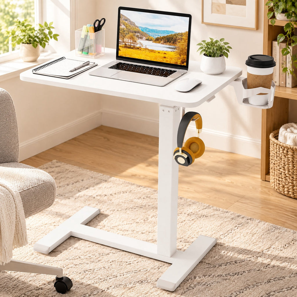 Airfind Mobile Standing Desk Height Adjustable Overbed Bedside Table with Cup Holder, 90 lbs Capacity, Engineered Wood Frame, White
