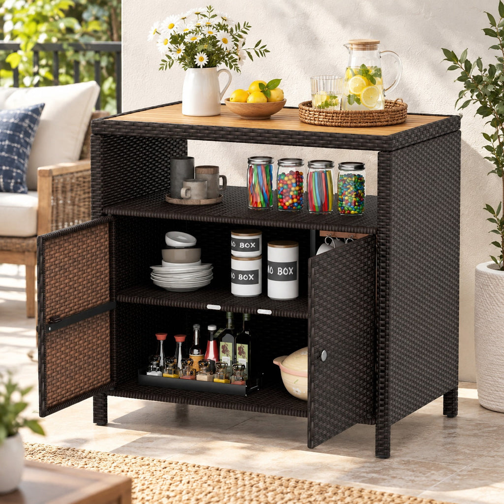 Airfind Rattan Storage Cabinet with Acacia Wood Countertop for Poolside Deck and Patio, 100 lbs Capacity, PE Rattan Acacia Wood Metal Frame, Brown