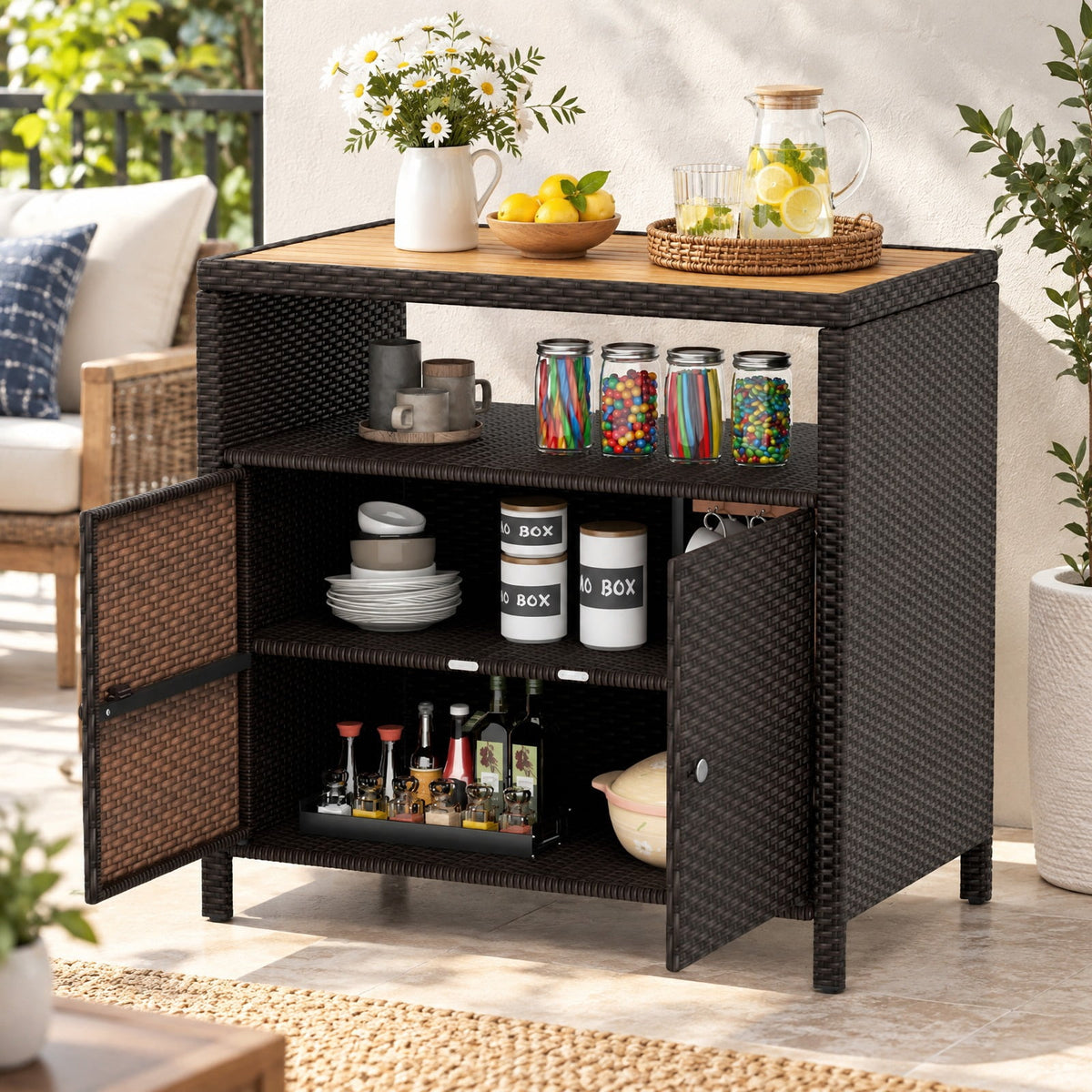 Airfind Rattan Storage Cabinet with Acacia Wood Countertop for Poolside Deck and Patio, 100 lbs Capacity, PE Rattan Acacia Wood Metal Frame, Brown