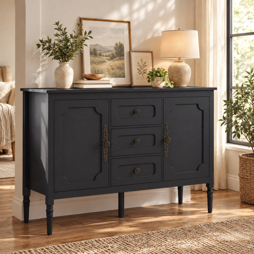 Airfind 47 Inch Vintage Buffet Cabinet with 3 Drawers 2 Cabinets and Adjustable Shelves for Dining Room, 110 Lbs Capacity, 47 Inch X 15.5 Inch X 31.5 Inch, Black