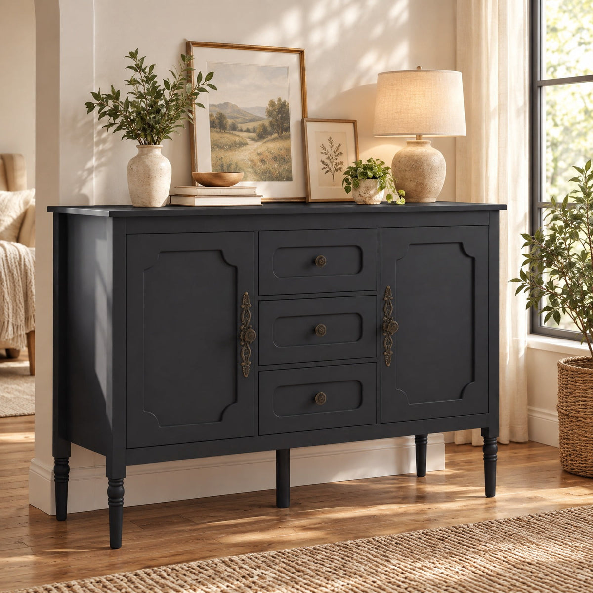 Airfind 47 Inch Vintage Buffet Cabinet with 3 Drawers 2 Cabinets and Adjustable Shelves for Dining Room, 110 Lbs Capacity, 47 Inch X 15.5 Inch X 31.5 Inch, Black