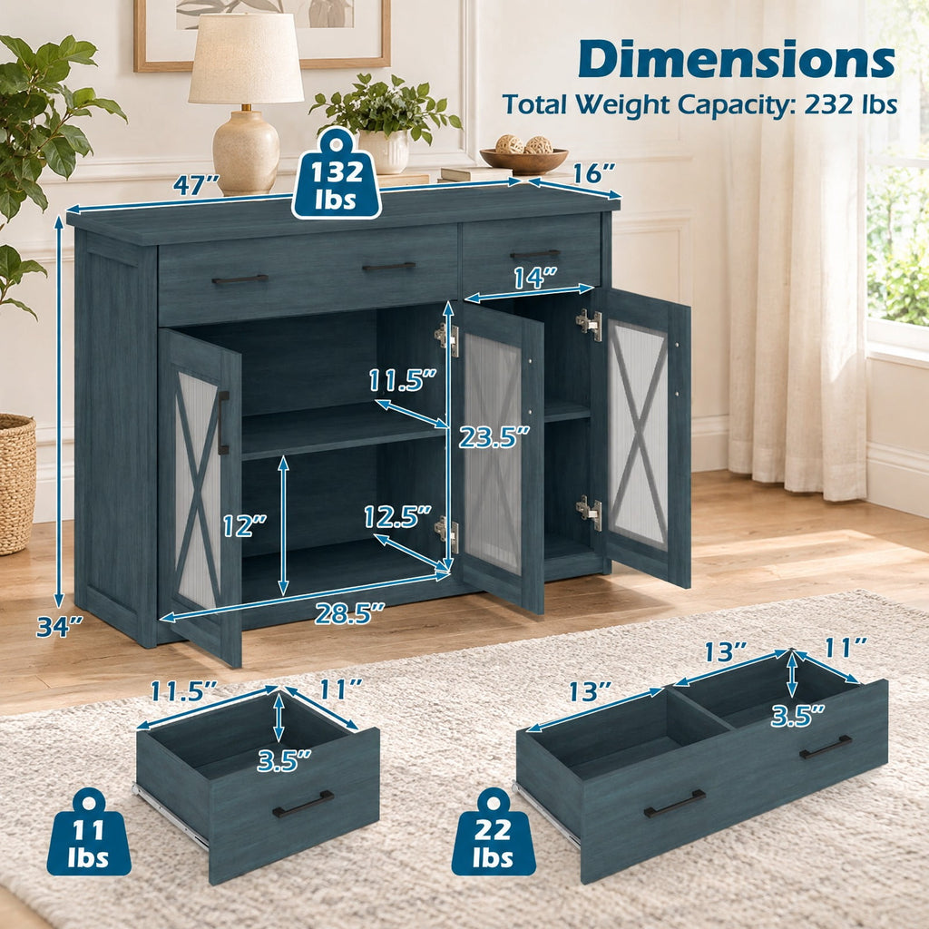 Airfind Farmhouse Buffet Sideboard 3-Door Kitchen Storage Cabinet featuring 2 Drawers, Top 132 lbs Total Capacity, Engineered Wood PC Frame, Turquoise