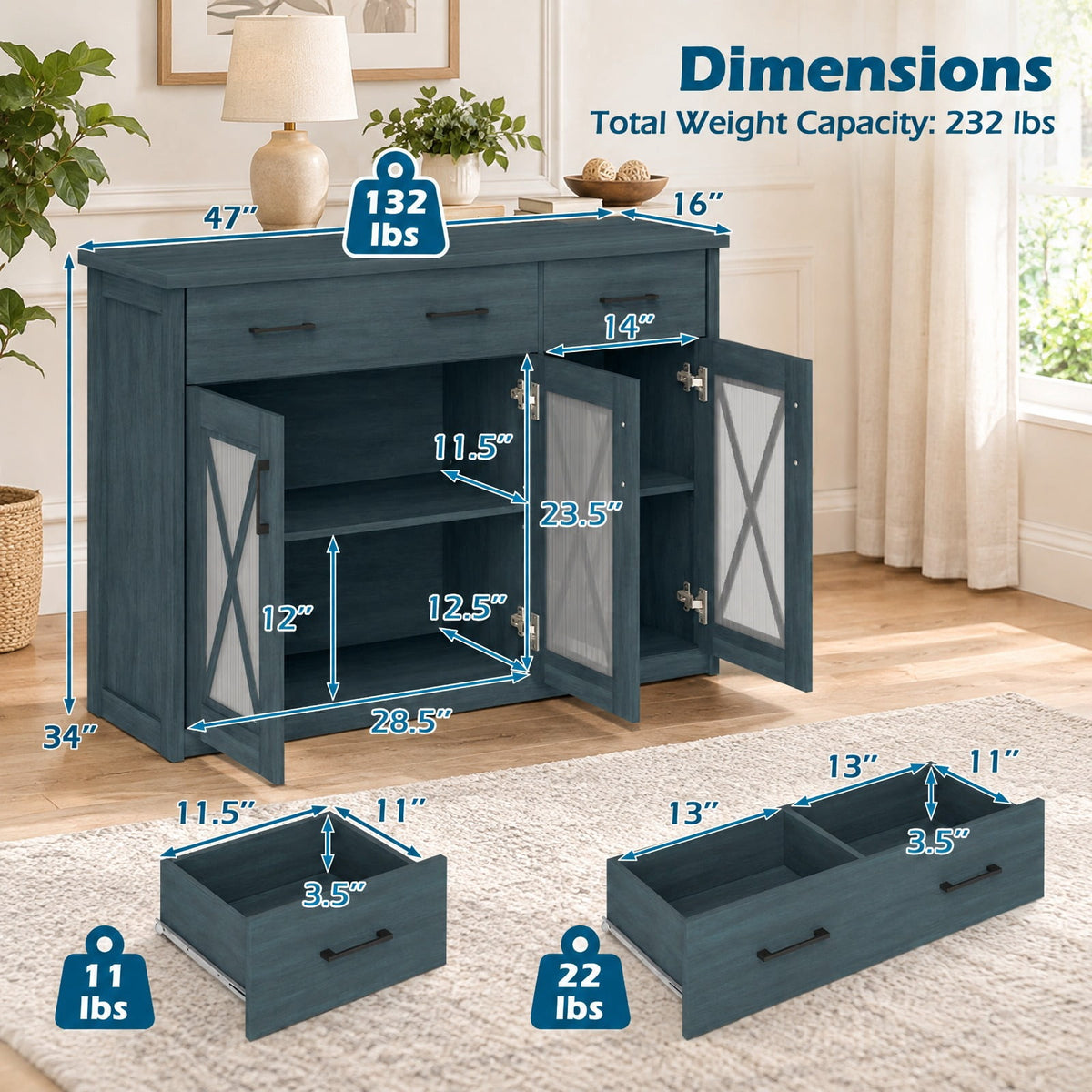 Airfind Farmhouse Buffet Sideboard 3-Door Kitchen Storage Cabinet featuring 2 Drawers, Top 132 lbs Total Capacity, Engineered Wood PC Frame, Turquoise