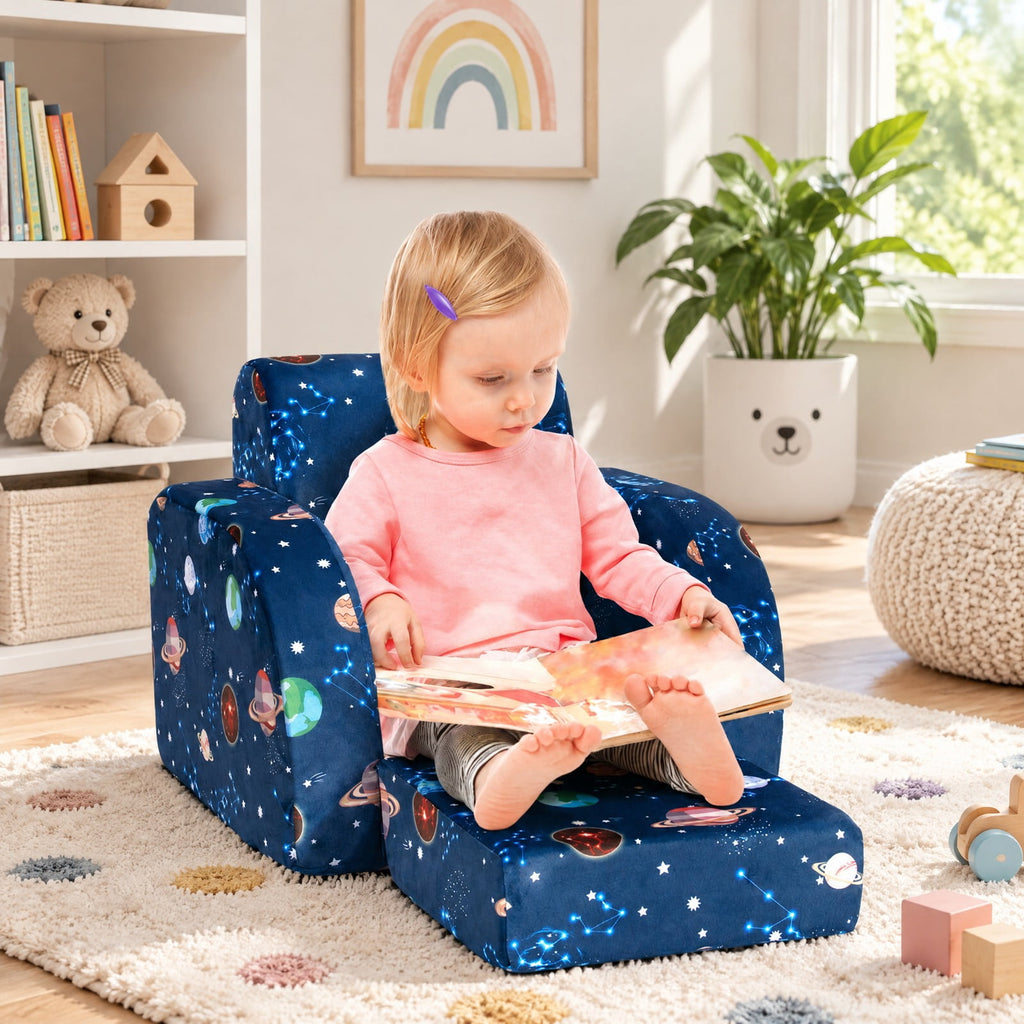 Airfind 3-in-1 Convertible Kid Sofa Bed Flip-Out Chair Lounger for Toddler, 66 lbs Capacity, Velvet fabric sponge Fully expanded Frame, Blue