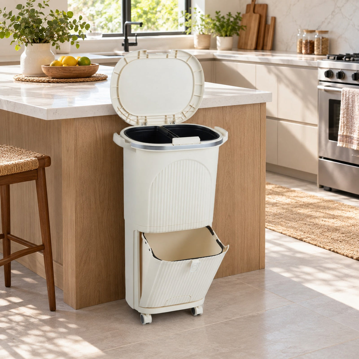 Airfind 10 Gallon Kitchen Trash Can Double-Layer with Lid and 2 Removable Buckets, PP Frame, 17 x 11.5 x 29.5 Overall Height (Open) 40 Footprint