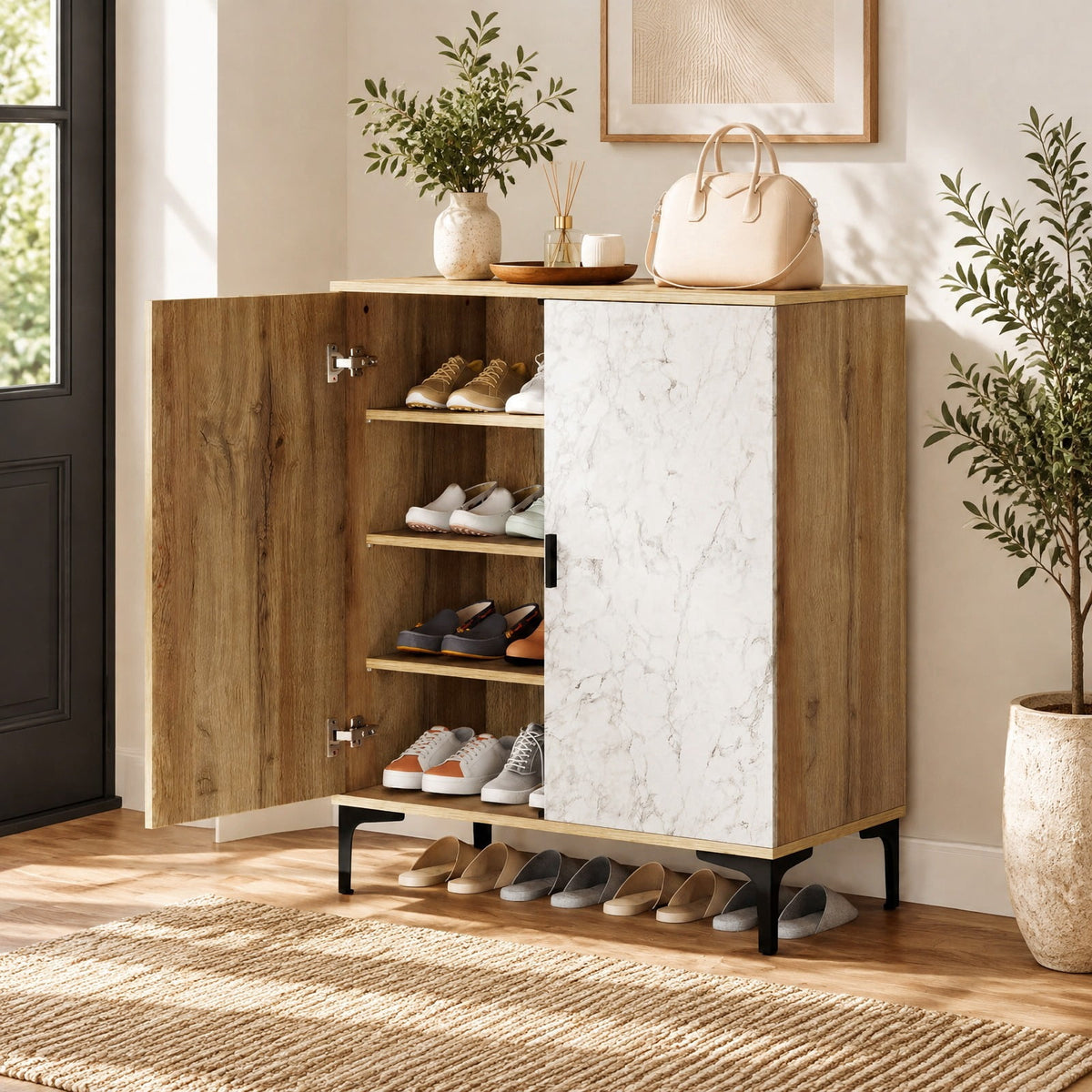 Airfind 4 Tier Farmhouse Shoe Storage Cabinet with Removable Shelves and Metal Legs, 180 lbs Capacity, Engineered Wood MDF Metal Frame