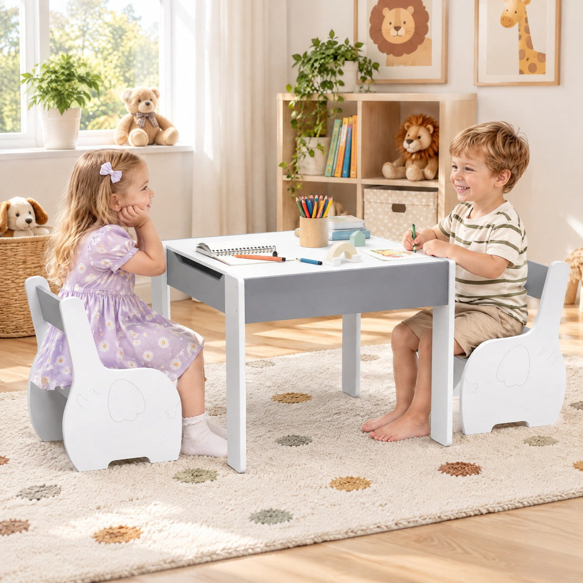 Airfind 4-in-1 Wooden Activity Kids Table and Chairs with Storage and Detachable Blackboard, 66 lbs Capacity, MDF Frame, for 3-6 Years old, Gray