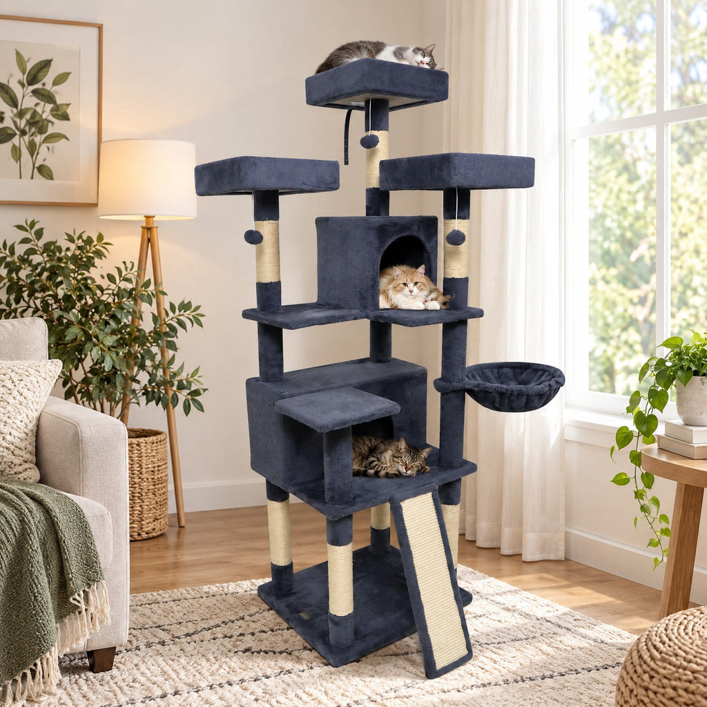 Airfind 65 Inch Tall Multi-level Cat Tree with 3 Upholstered Perch and 2 Cat Condos, Fabric Sisal Engineered Wood Overall Height 65 Inch Base Frame
