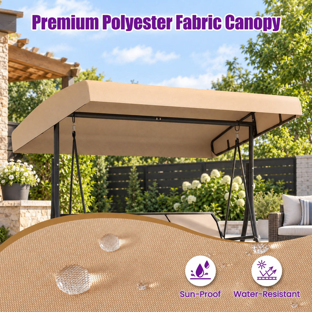 Airfind 3-Seat Patio Swing Chair with Adjustable Canopy, 800 lbs Capacity, Metal Frame, 75 Inch x 48 Inch x 67 Inch Footprint, Beige