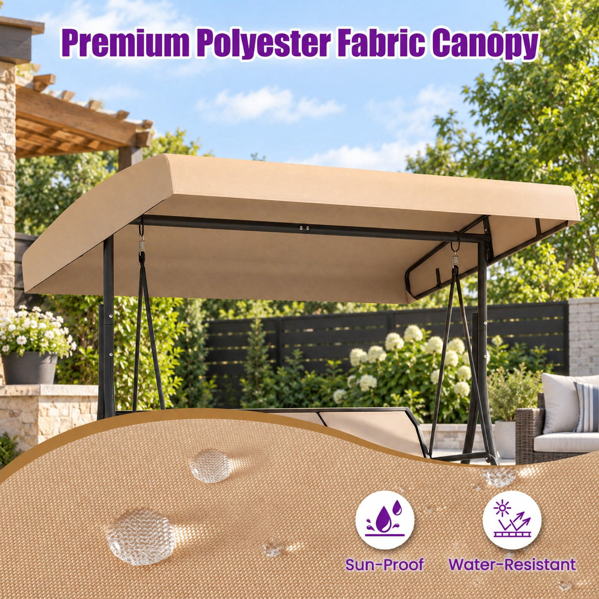 Airfind 3-Seat Patio Swing Chair with Adjustable Canopy, 800 lbs Capacity, Metal Frame, 75 Inch x 48 Inch x 67 Inch Footprint, Beige