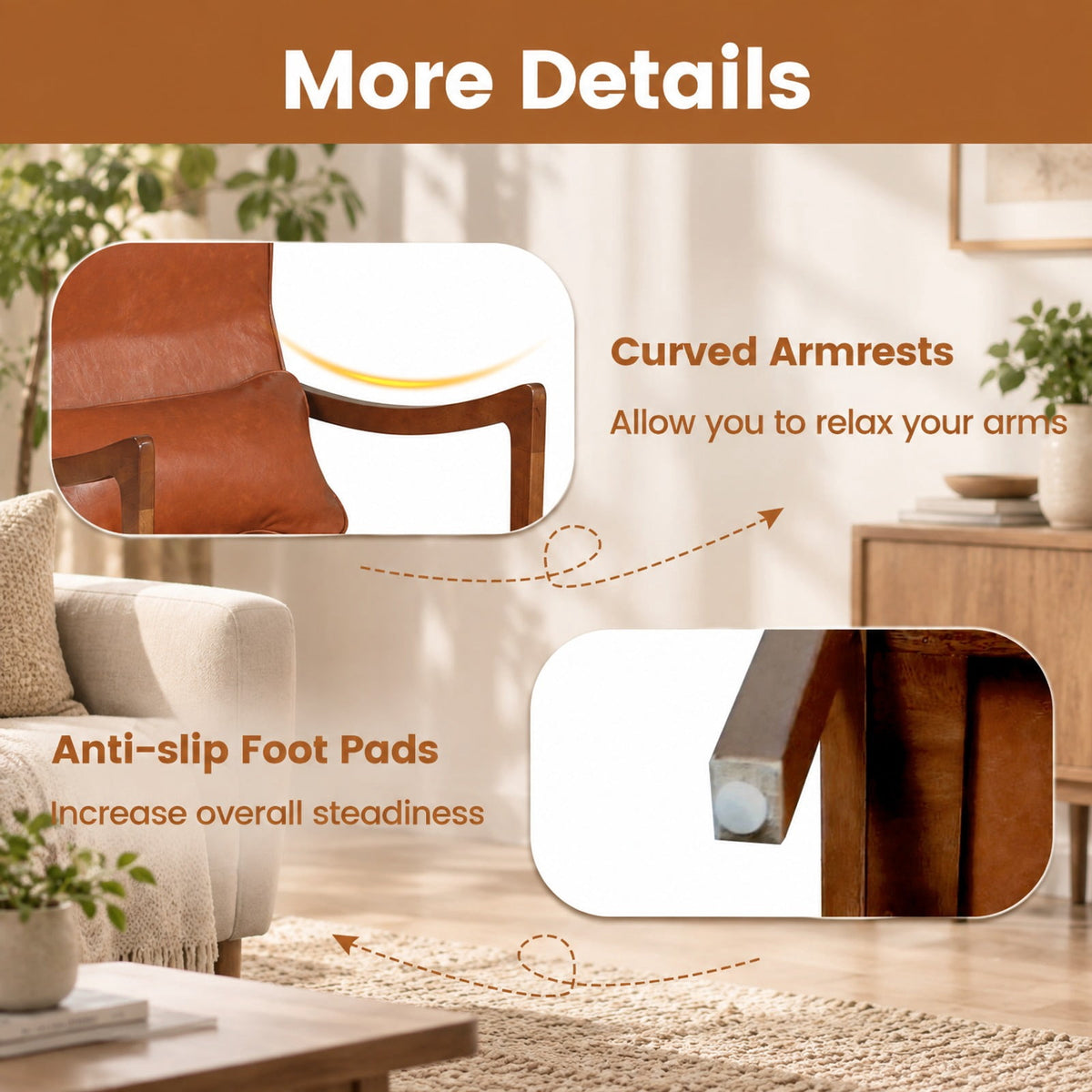Airfind Modern Accent Chair with Solid Rubber Wood Faux Leather Upholstered Armchair, 400 lbs Capacity, 34.5 x 25.5 x 35 Footprint, Brown