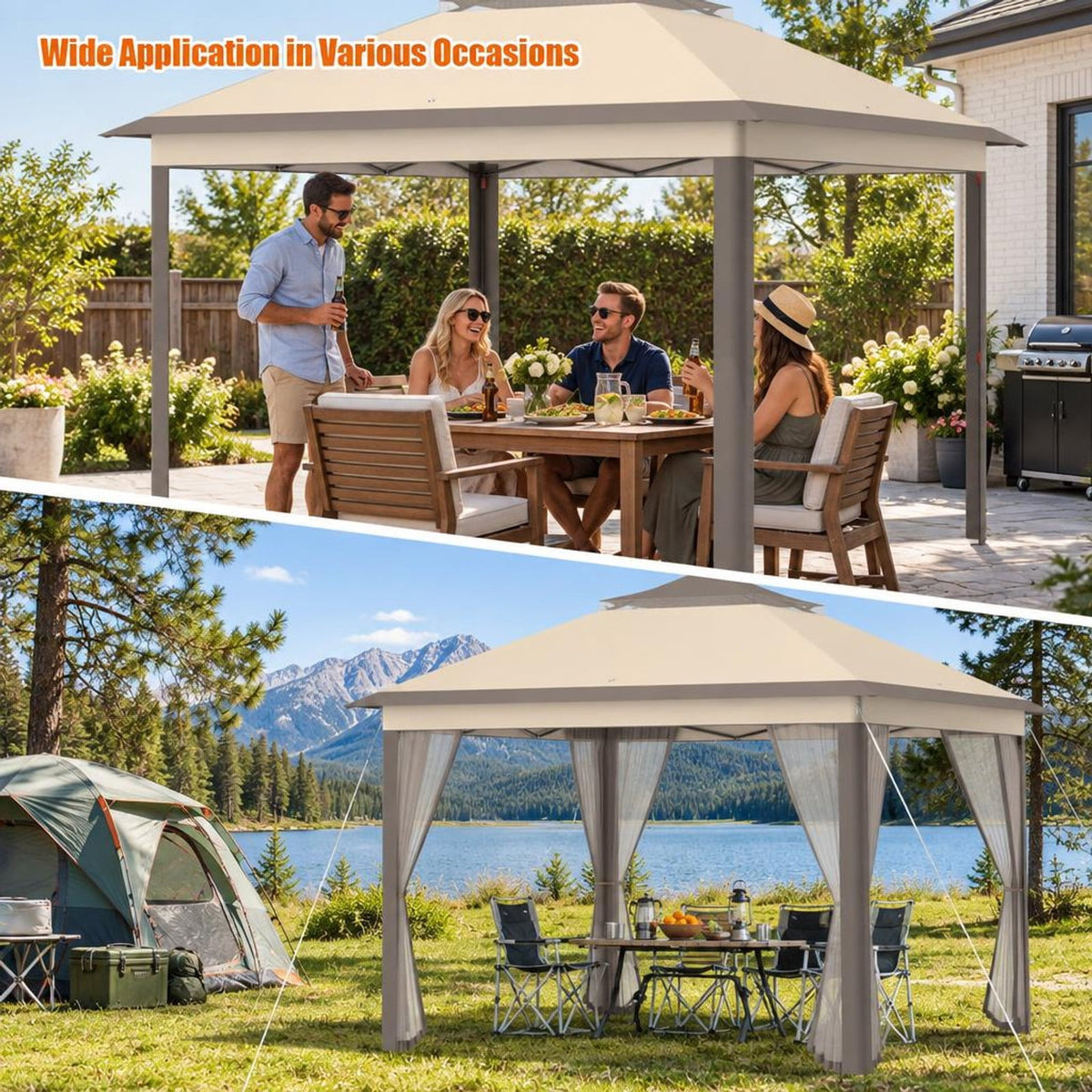 Airfind 2-Tier Pop-Up Gazebo Tent Portable Canopy Shelter Carry Bag Mesh, Polyester fabric steel pipe Frame, Brown