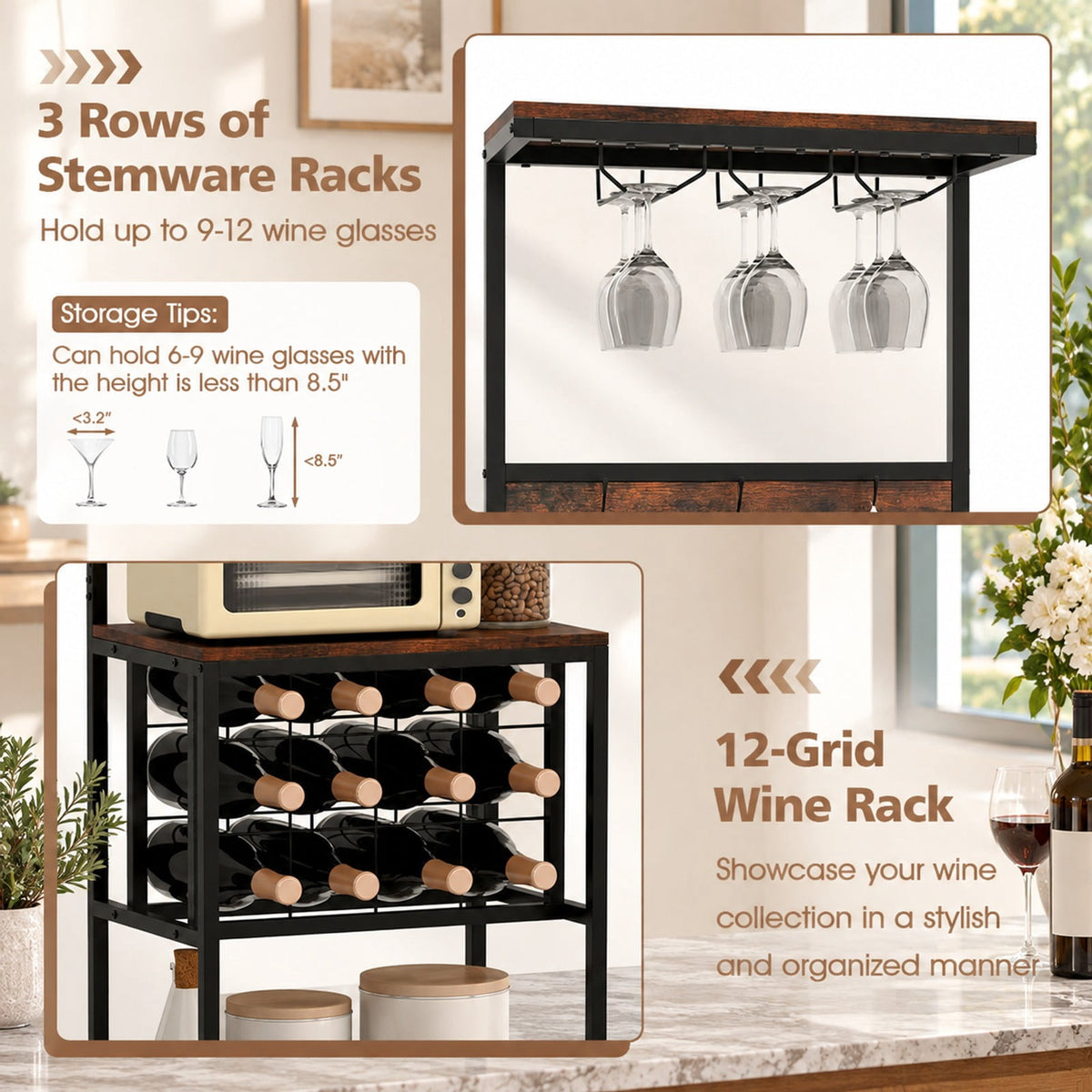 Airfind Freestanding Wine Rack Floor Wine Bar Cabinet with Glass Racks, 200 lbs Capacity, Engineered Wood Metal Frame, Brown