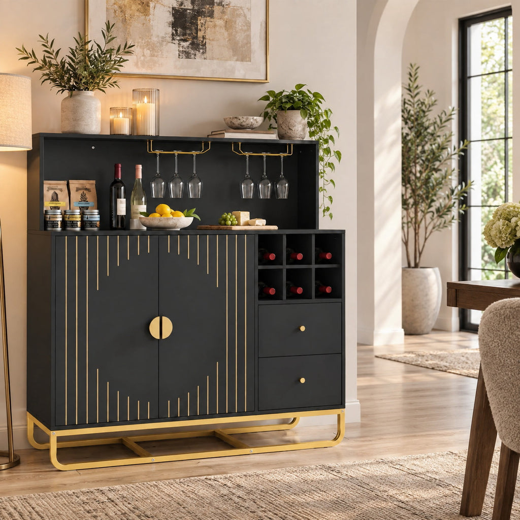 Airfind Home Bar Cabinet with Wine Rack Glass Holder and Adjustable Shelf, 47 Inch x 16 Inch x 48.5 Inch Inner Footprint, Black