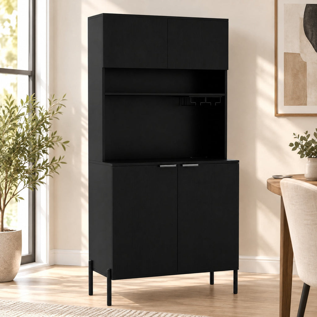 Airfind 64.5 Inches Tall Kitchen Pantry Cabinet with Charging Station and Wine Glass Rack, 90 lbs Capacity, Engineered Wood MDF Metal Frame, Black