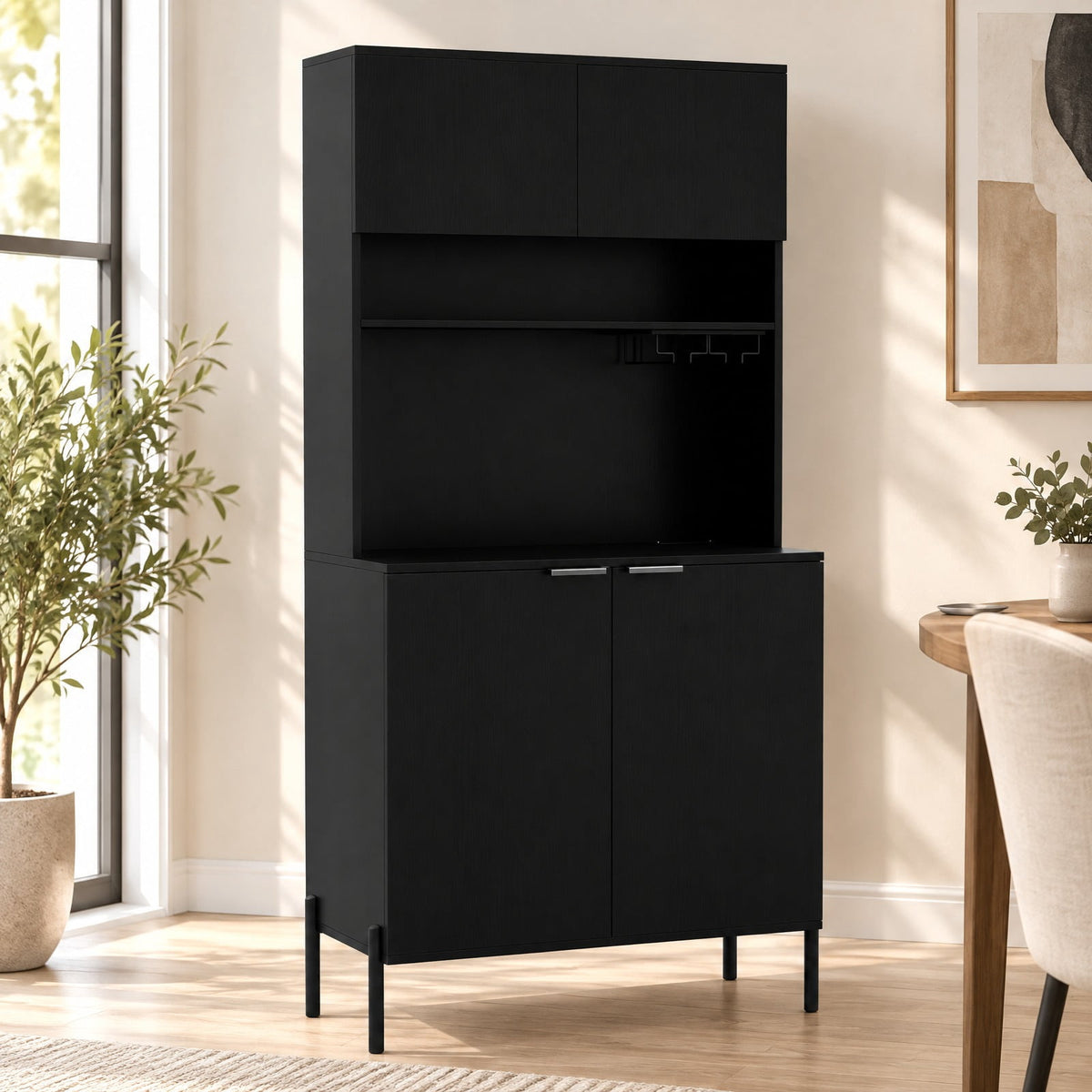 Airfind 64.5 Inches Tall Kitchen Pantry Cabinet with Charging Station and Wine Glass Rack, 90 lbs Capacity, Engineered Wood MDF Metal Frame, Black
