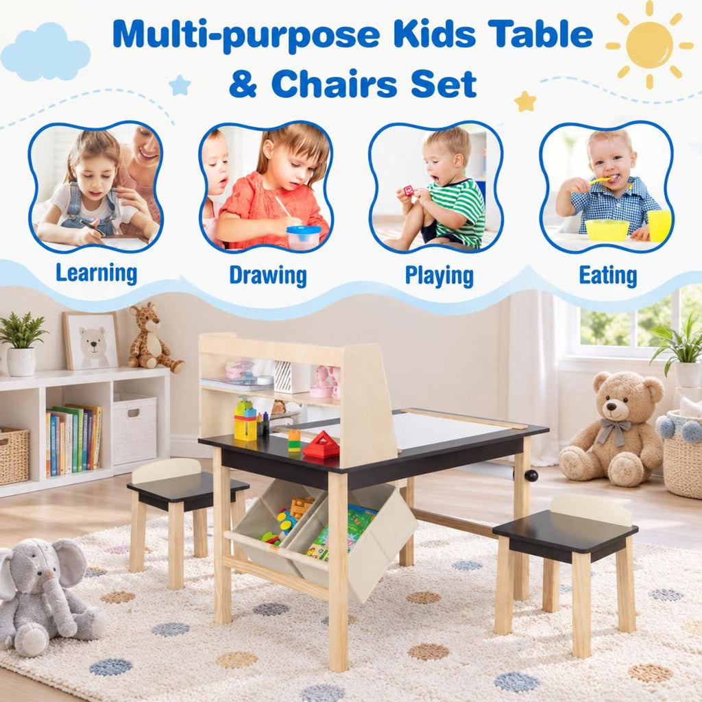 AIRFIND Kids Art Table and Two Chairs with Paper Roll, Raised Storage Shelf and Bins, Pine Wood Legs for Ages 3 and Up, Coffee and Natural