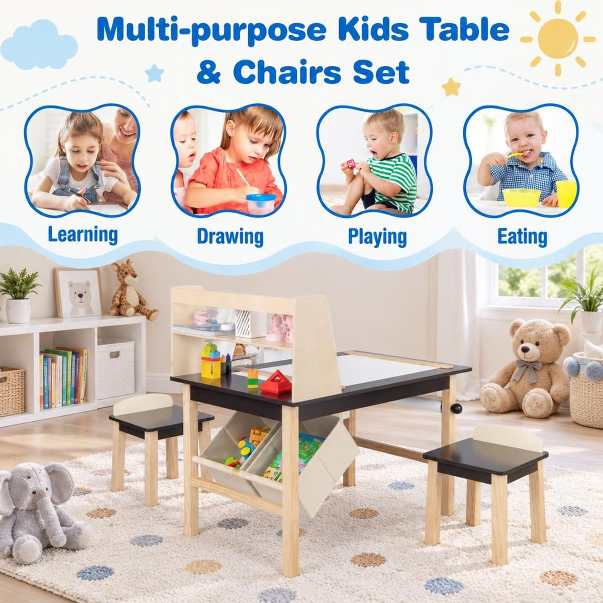 AIRFIND Kids Art Table and Two Chairs with Paper Roll, Raised Storage Shelf and Bins, Pine Wood Legs for Ages 3 and Up, Coffee and Natural