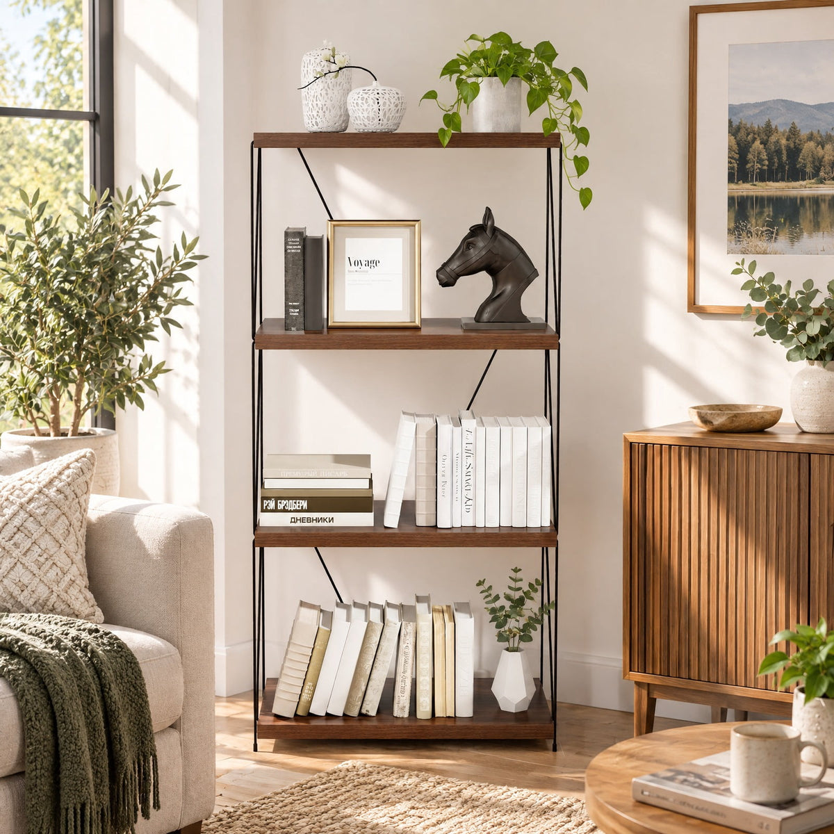 Airfind 4-Tier Multipurpose Display Rack with Metal Frame, Industrial Bookshelf with Anti-Tipping Kit, MDF Shelves, 24 x 11.5 x 41.5, Walnut