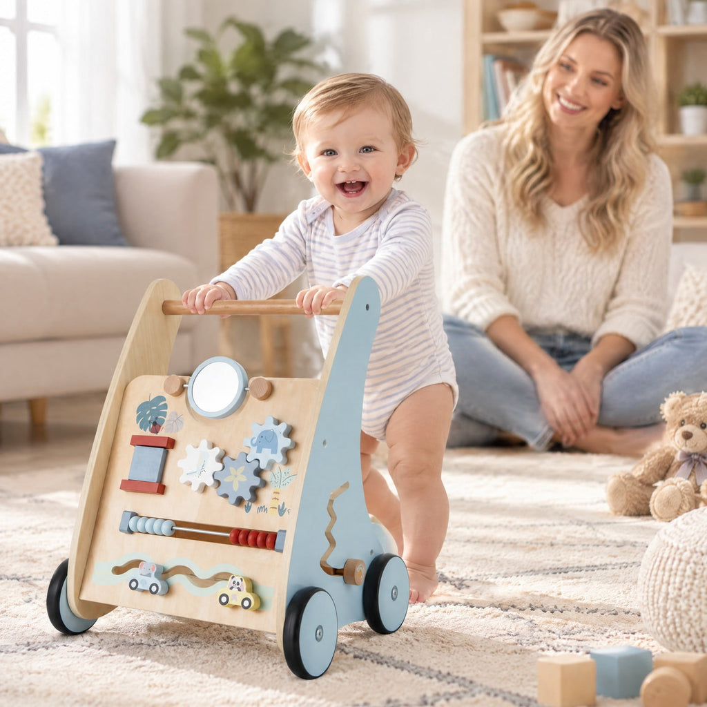 Airfind Wooden Baby Push and Pull Walker with Multi, Lotus Wood Engineered Wood Frame, for 3+ Years Old, 14in x 12in x 18in Footprint, Blue