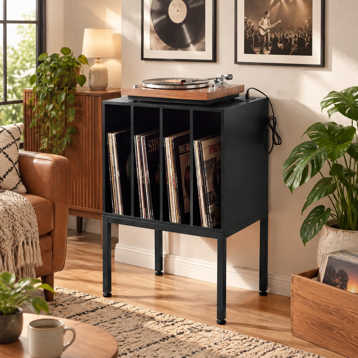 Airfind Turntable Record Player Stand with Power Outlets, 88 lbs Capacity, Engineered Wood Metal MDF Frame, 20 x 16 x 32 Footprint, Black
