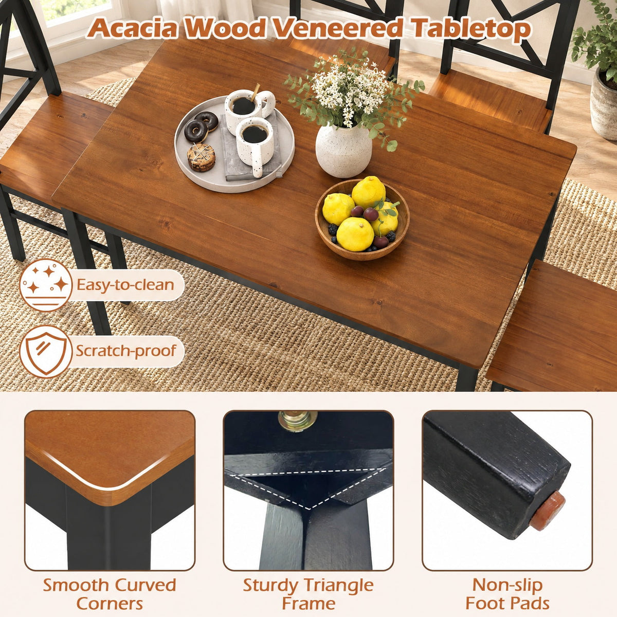 Airfind 5 Piece Dining Table Set with Rectangular Kitchen Table and 4 Chairs for 4 People, 175 lbs Capacity, Rubber Wood MDF Frame, Coffee