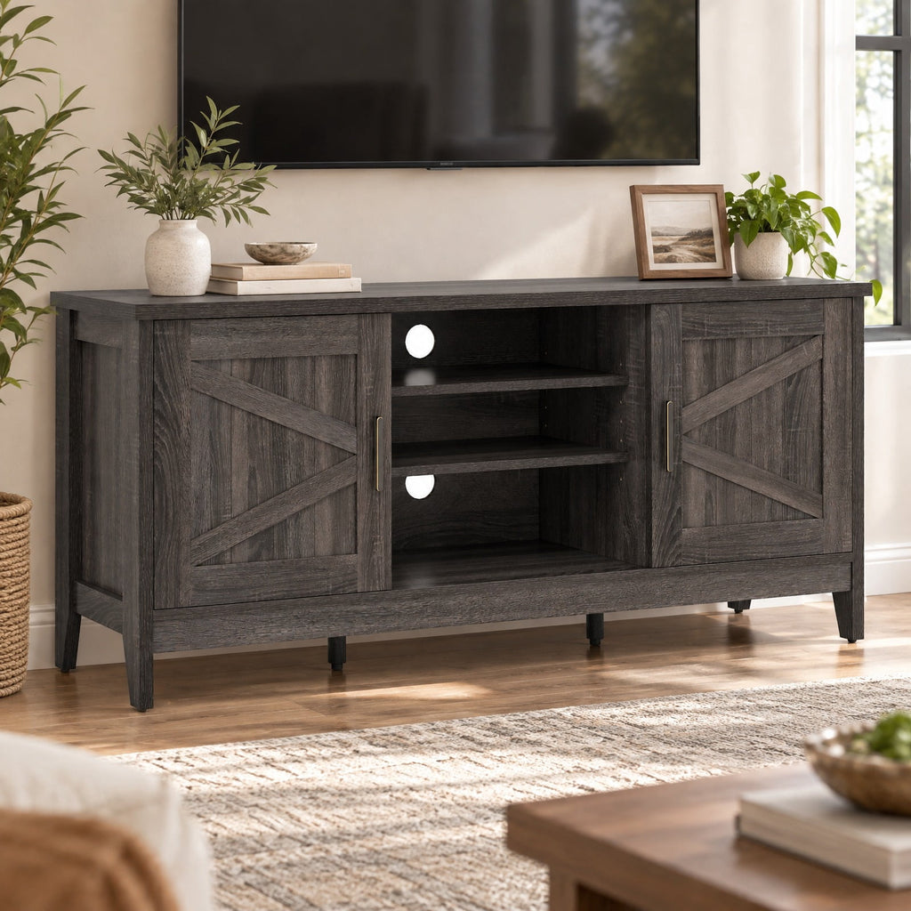 Airfind Farmhouse TV Stand for TVs up to 65 Inch Entertainment Center with 2 Storage Cabinets, 120 lbs Capacity, Engineered Wood Rubber Wood Frame