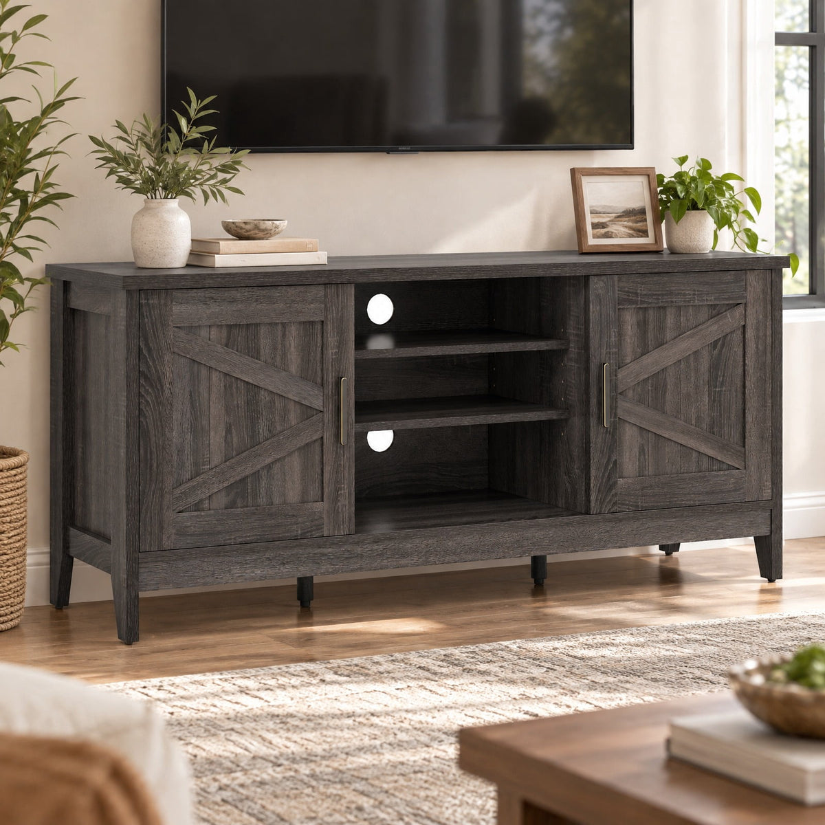 Airfind Farmhouse TV Stand for TVs up to 65 Inch Entertainment Center with 2 Storage Cabinets, 120 lbs Capacity, Engineered Wood Rubber Wood Frame