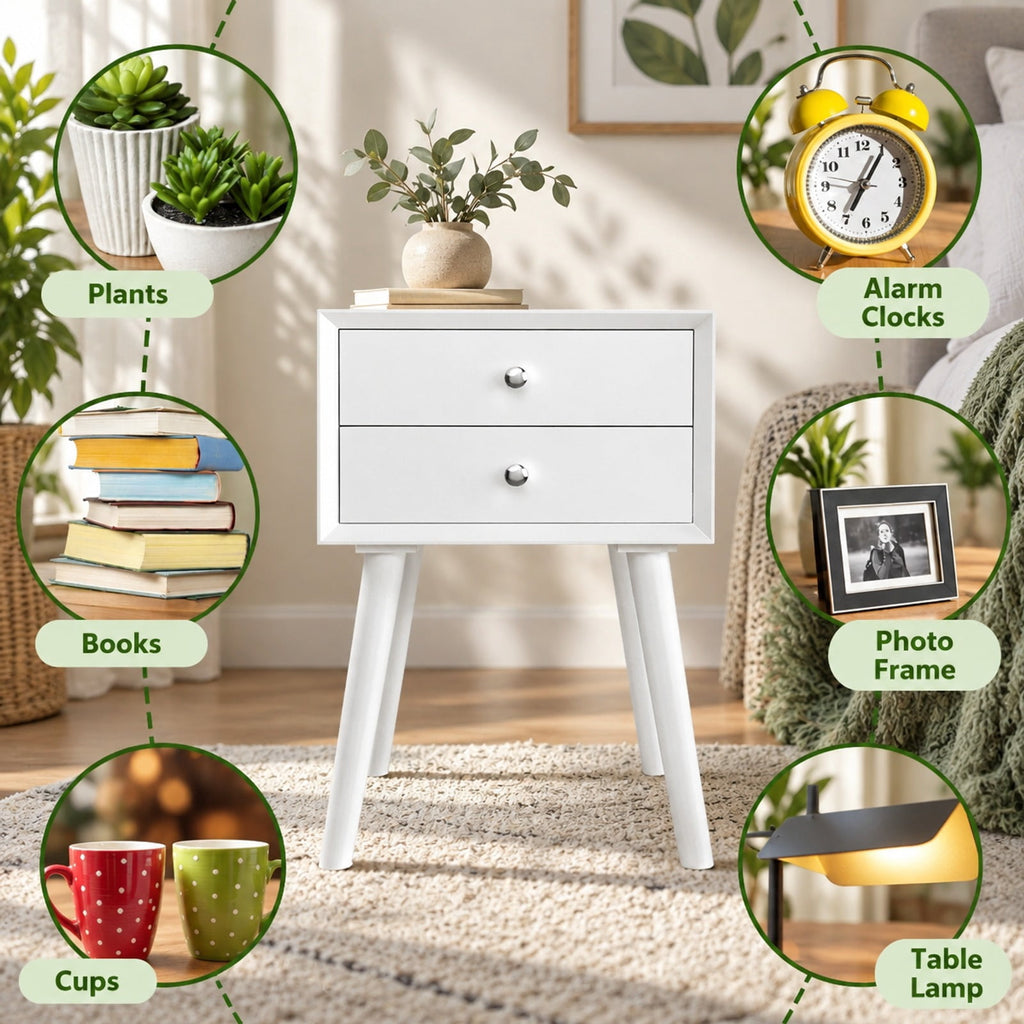 Airfind Wooden Nightstand Mid-Century End Side Table with 2 Storage Drawers, 165 lbs Capacity, Rubber Wood Frame, White