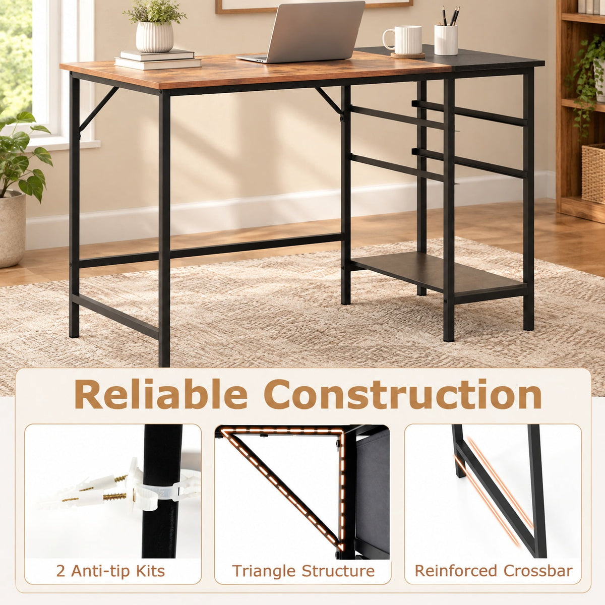 Airfind 48 Inch Computer Desk with 2 Fabric Drawers Industrial Home Office Desk, 110 lbs Capacity, Engineered Wood Metal Fabric Frame, Brown