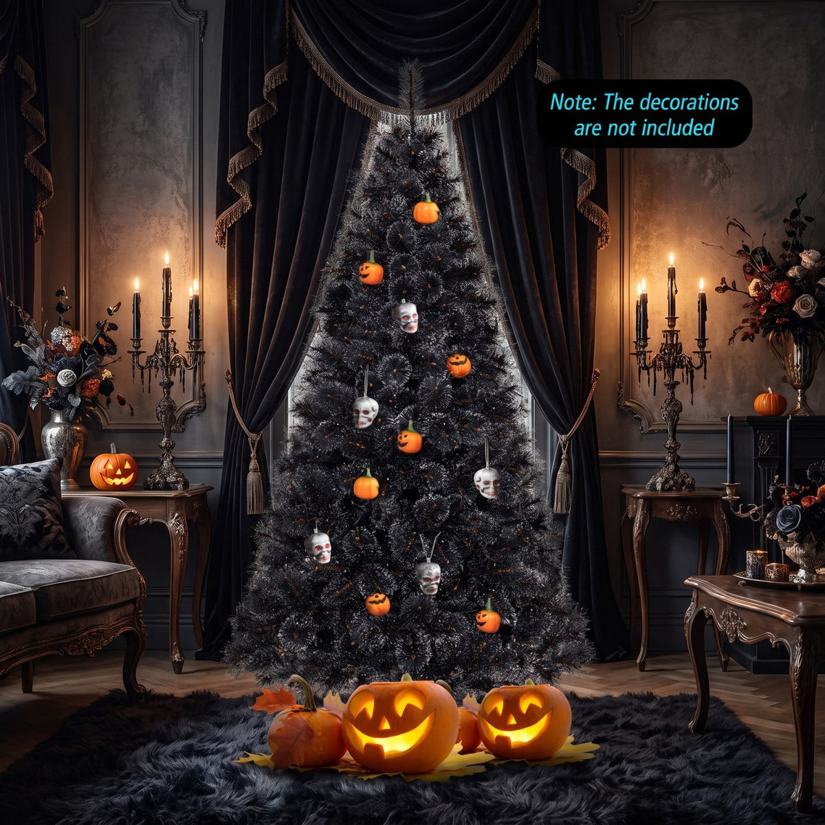 Airfind 6/7/8 Feet Black Artificial Halloween Christmas Tree with PVC Branch Tips and 210/320/450 Cool White LED Lights, Black