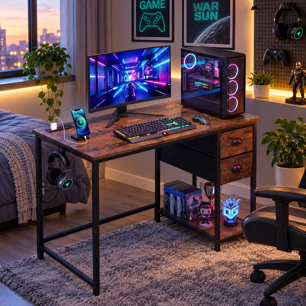 Airfind Computer Desk with Charging Station and 2 Fabric Drawers for Small Spaces, 110 lbs Capacity, Engineered Wood MDF Metal Fabric Frame, Brown