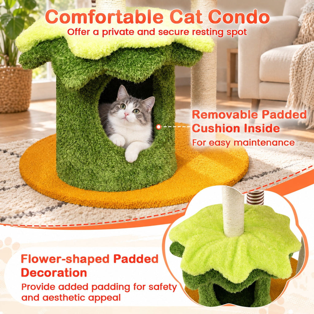 Airfind 46 Inch Tall Cat Tree Multi-Level with Padded Perch and Hanging Basket Bed, 22 lbs Capacity, 24 Inch x 46 Inch (Dia. x H) Condo Footprint, Yellow