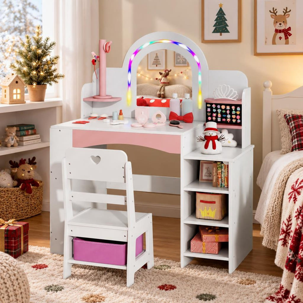 Airfind Kids Vanity Set with Colorful LED Lights Princess Makeup Dressing Table with Chair, 110 lbs Capacity, MDF Frame, 34in x 15.5in x 41in Footprint
