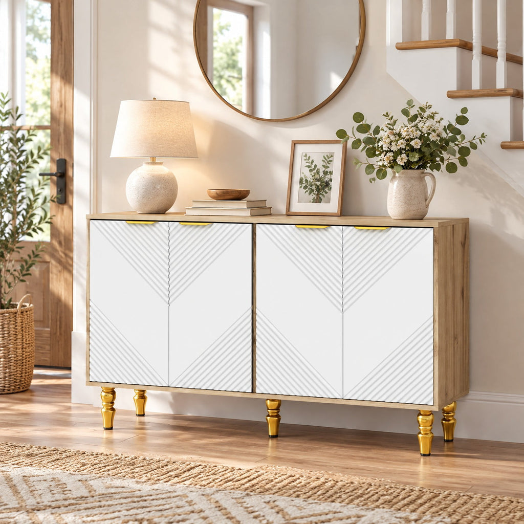 Airfind 47 Sideboard Buffet Cabinet with 4 Chevron Fluted Doors Anti-Toppling Devices for Kitchen, Natural
