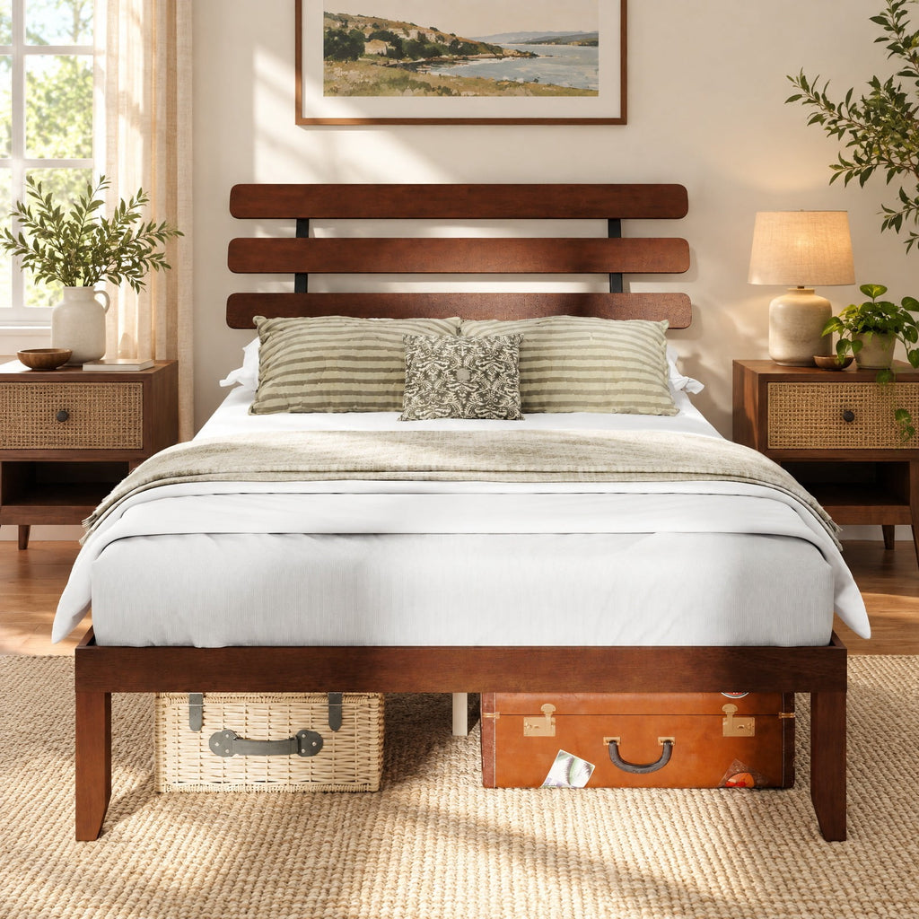 Airfind Queen Size Bed Frame 15.5 Inch Solid Wood Platform Bed with Retro Headboard, 550 lbs Capacity, Plywood Rubber Wood Metal Frame, Wood