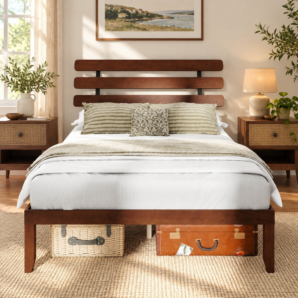 Airfind Queen Size Bed Frame 15.5 Inch Solid Wood Platform Bed with Retro Headboard, 550 lbs Capacity, Plywood Rubber Wood Metal Frame, Wood