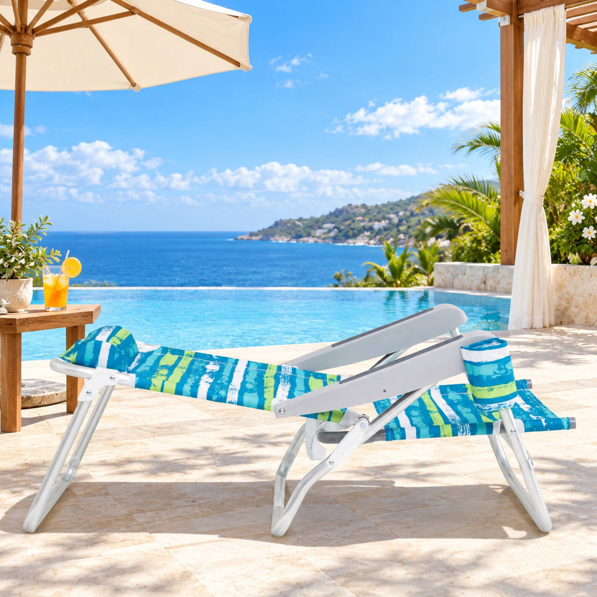 Airfind 2 Pack Folding Beach Chair with Adjustable Positions and Head Pillow, Metal Oxford Fabric Aluminum Frame, Green