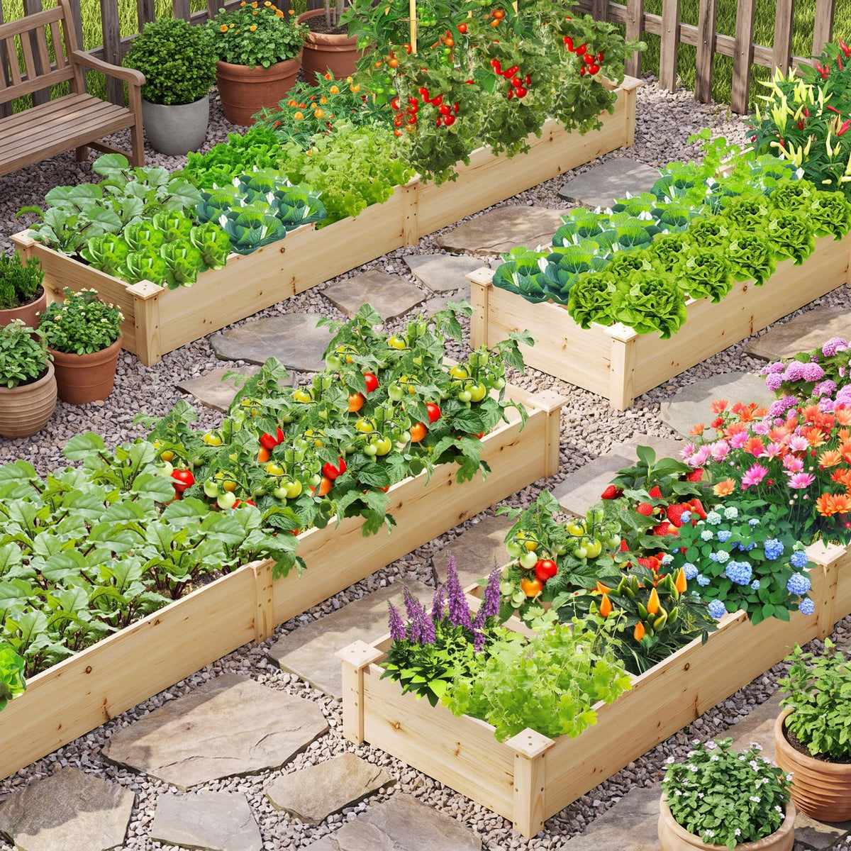Airfind Wooden Raised Garden Bed with 2 Planter Boxes and Dividers, Fir Wood Frame, 90 x 25 x 10 (L x W x H) Interior Footprint, Natural
