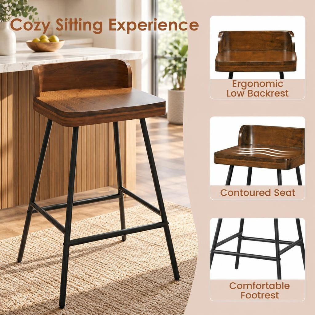 Airfind Set of 2 Counter Height Bar Stool with Low Back Metal Legs and Footrest for Kitchen Island, Bar Stool 330 lbs Capacity, Brown